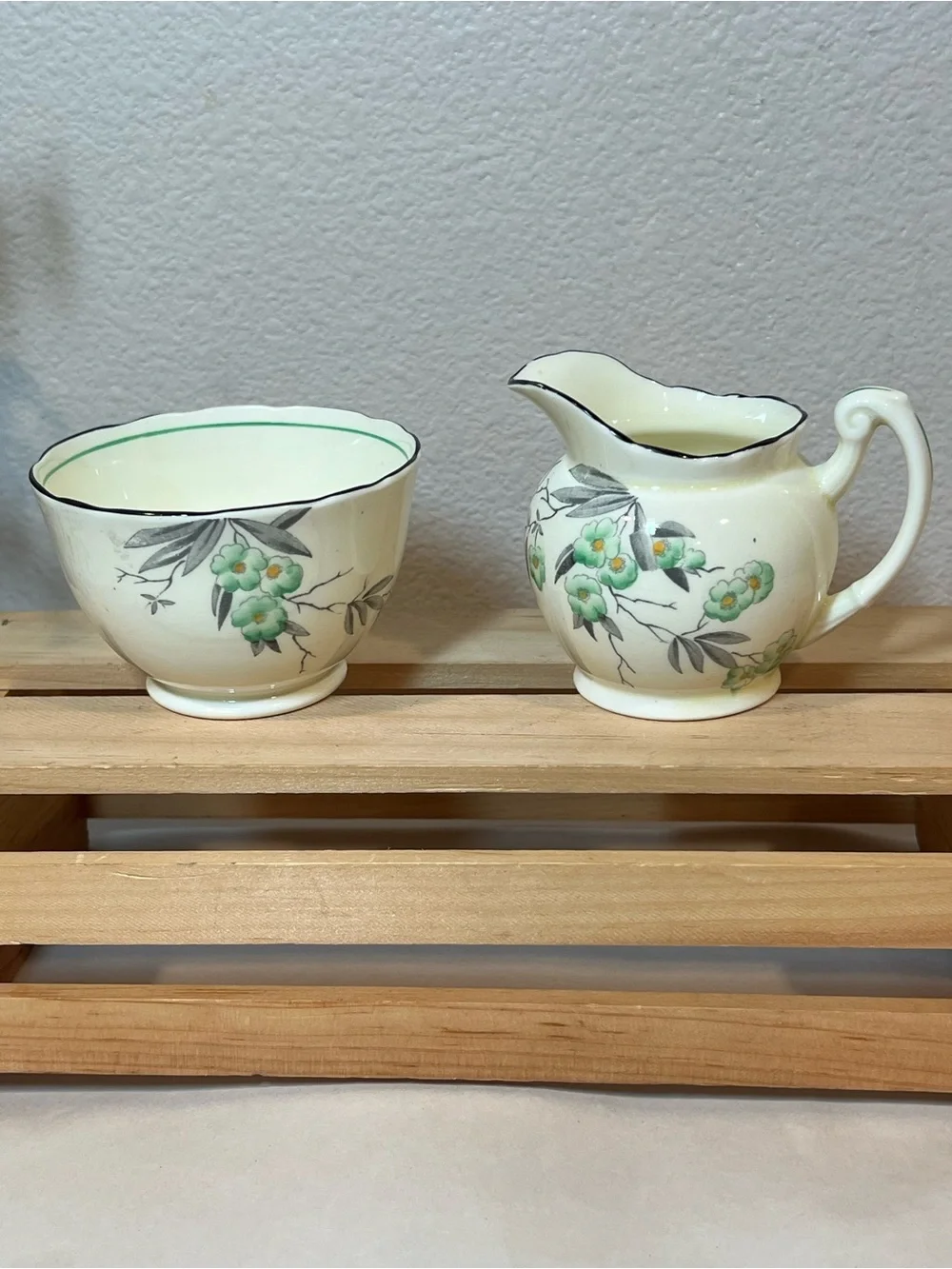 Foley China Cream and Green Floral Bone China Creamer and Sugar Bowl Set